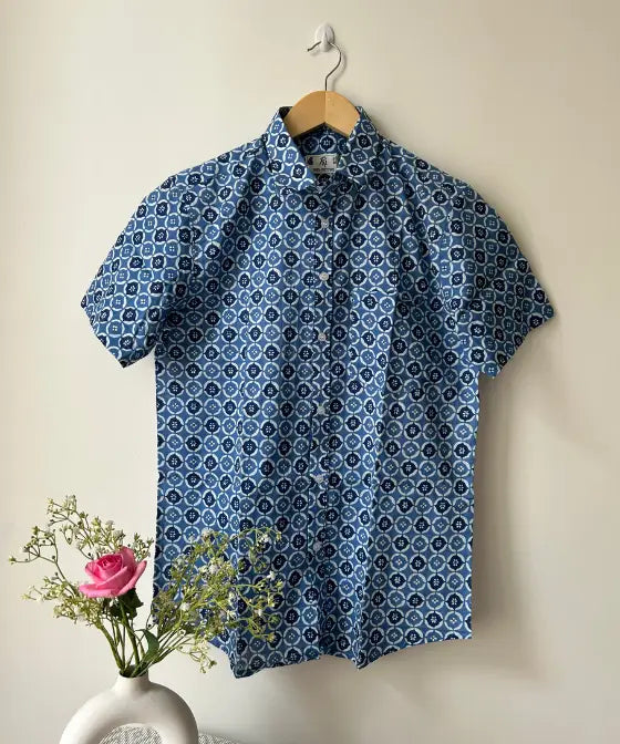 Blue Butti Print Half Sleeve Cotton Shirt