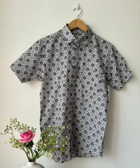 Grey Butti Print Half Sleeve Cotton Shirt