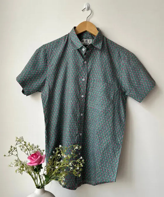 Teal Butti Print Half Sleeve Cotton Shirt