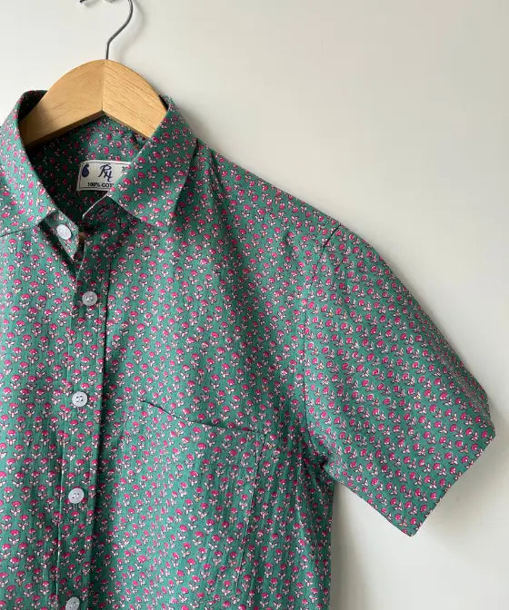 Teal Butti Print Half Sleeve Cotton Shirt